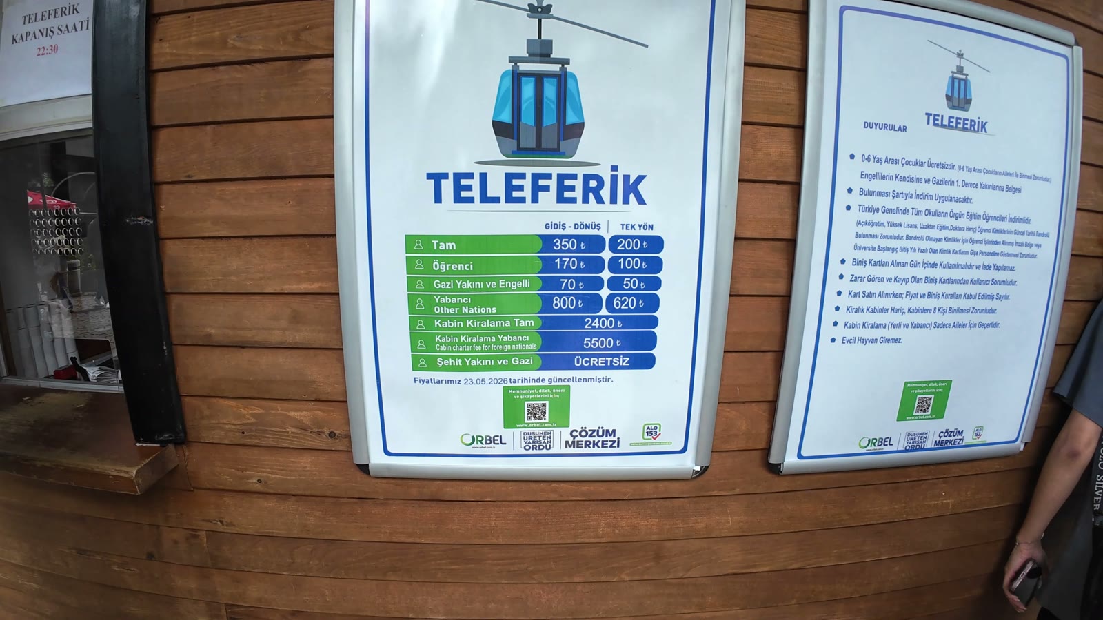 Ordu Boztepe teleferik güncel fiyat tarifesi ve duyurular panosu
