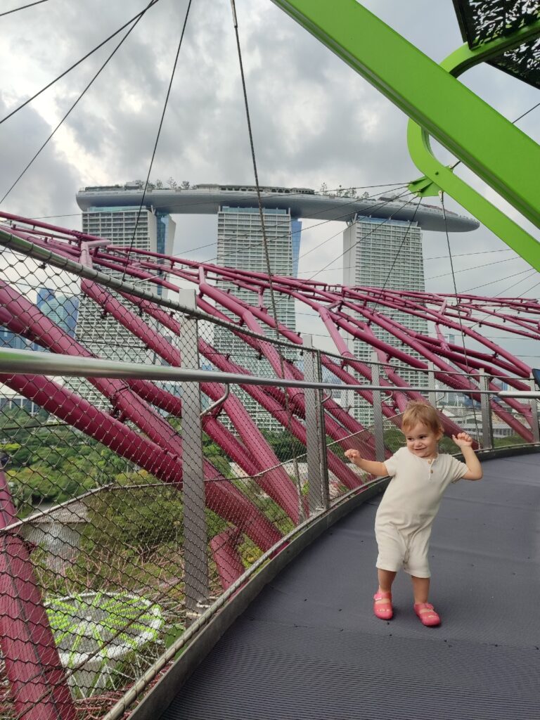 Değer, Gardens by the Bay Süper Ağaç köprüsünde, arkada Marina Bay Sands